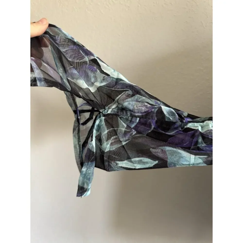 Zac & Rachel Black Teal Floral Sheer Blouse Womens 1X Career Flowy Beach - Picture 3 of 7